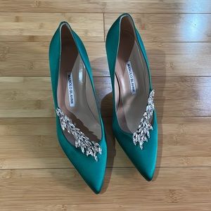 Manolo Blahnik Teal Satin Pointed-Toe Crystal Leaf Pumps
